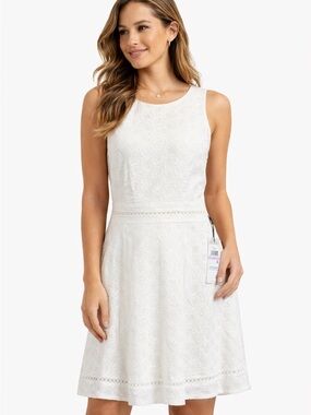Calvin Klein White Sleeveless Eyelet Fit-and-Flare Event Dress